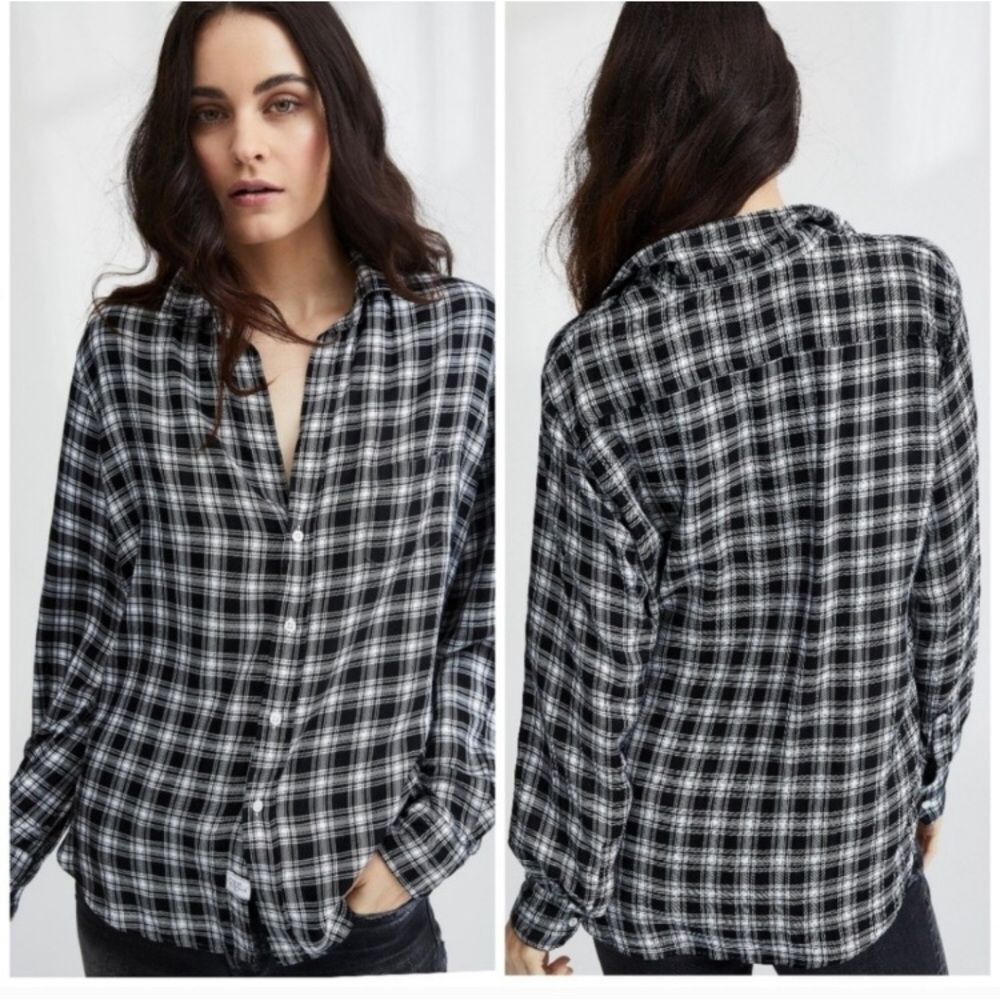 Frank and Eileen black and white plaid button down shirt 100% modal. Size L.